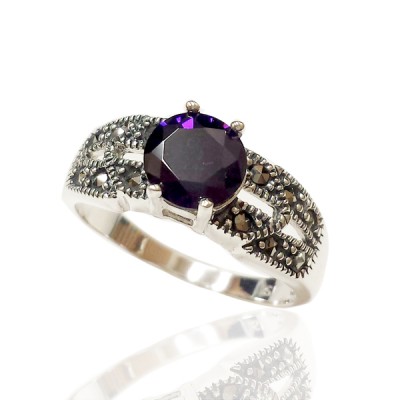 Marcasite Ring 7mm Amethyst Cubic Zirconia Marcasite each Side Oxidize