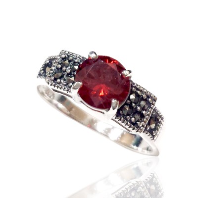 MS Ring Round Garnet Cz 7Mm Double Line