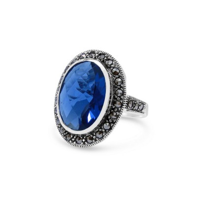 MARCASITE RING OVAL WRAP TANZANITE GLASS 12X16 MM