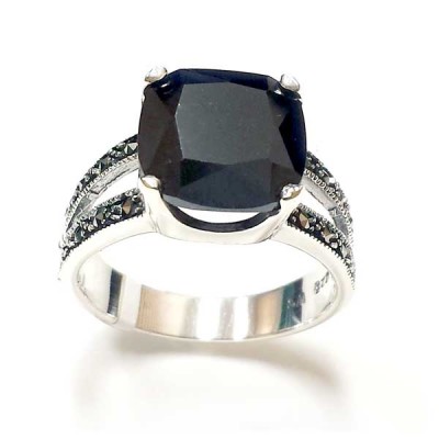 MS Ring 11Mm Cushion Black Cz Double Ms Lines