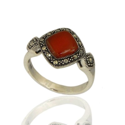 Marcasite Ring 9 mm Cushion Chess Cut Carnelian