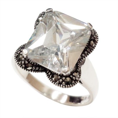 MS Ring 10X12Mm Rect. Clear Cz W/ Ms Lines