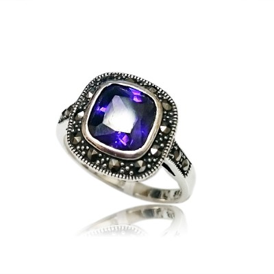 MS Ring Bezel Square Amethyst Cz W/ Ms Around