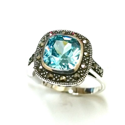 Marcasite Ring Bezel Square #22 Blue Topaz Cubic Zirconia with Marcasite Ard