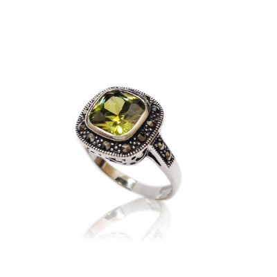 MS Ring Bezel Square Olivine Cz W/ Ms Around