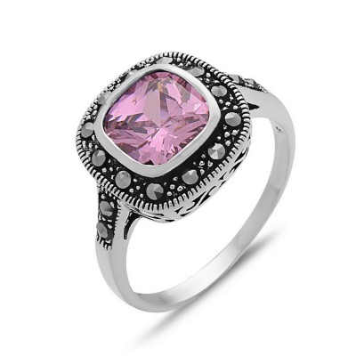 MARCASITE RING BEZEL SQUARE PINK CUBIC ZIRCONIA WITH MARCASITE AROUND