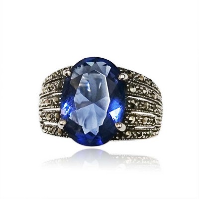 Marcasite Ring 10X14mm Oval Tanzanite Cubic Zirconia with 5 Line Marcasite Side
