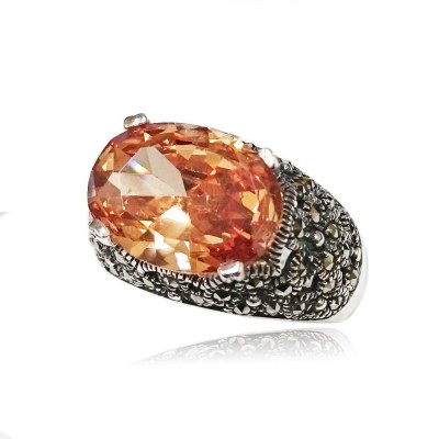 MS Ring Oval Champagne Cz W/ Ms Filigree Side