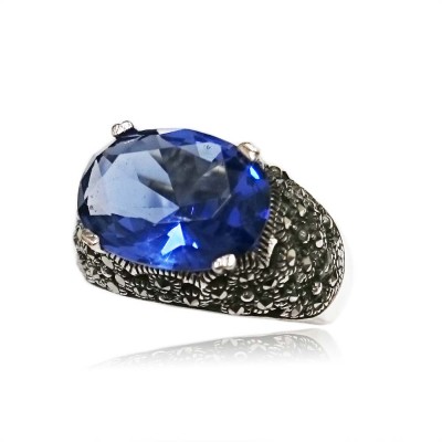 MS Ring Oval Tanzanite Cz W/ Ms Filigree Side