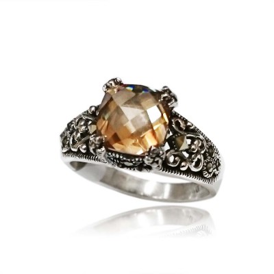 MS Ring 8X8Mm Sq Faceted Ch Cz W/ Ms Filigree Side