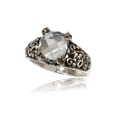 MS Ring 8X8Mm Sq Faceted Cl Cz W/ Ms Filigree Side
