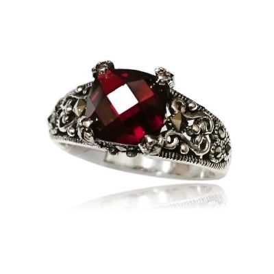 MS Ring 8X8Mm Sq Faceted Gn Cz W/ Ms Filigree Side