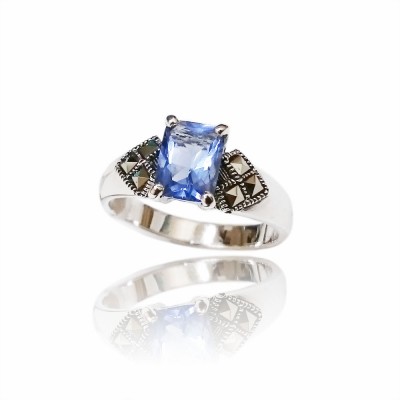 Marcasite Ring 8X6mm Rectangular Tanzanite Cubic Zirconia with Square Marcasite at Side