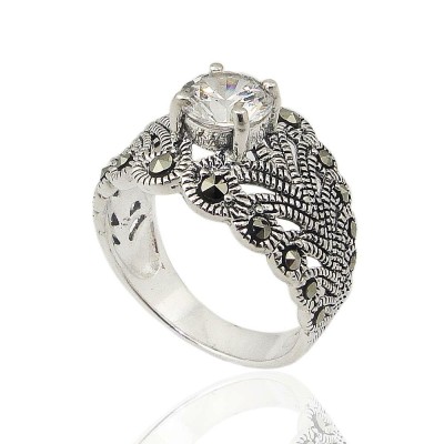 MS Ring Round Clear Cz With Leaf Filigree Band