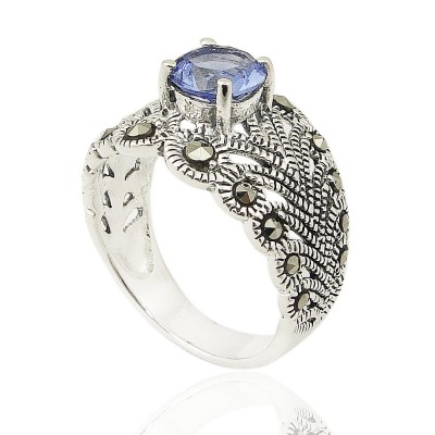 MS Ring Round Tanzanite Glass Leaf Filigree Band