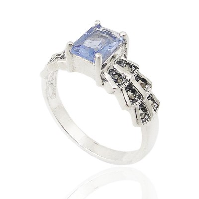 MS Ring Emerald Cut Tanzanite Glass Marcasite Side