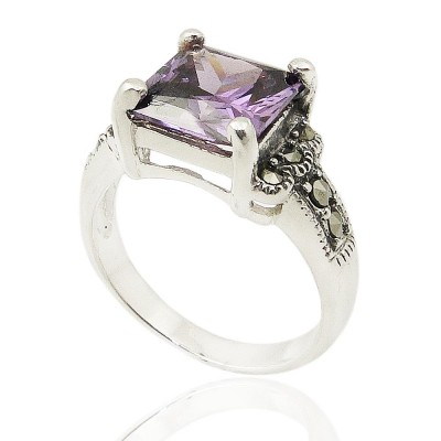 MS Ring Rectangle Amethyst Cz With Round Ms Sides