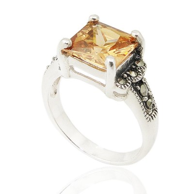MS Ring Rectangle Champagne Cz With Round Ms Sides