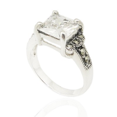 MS Ring Rectangle Clear Cz With Round Ms Sides