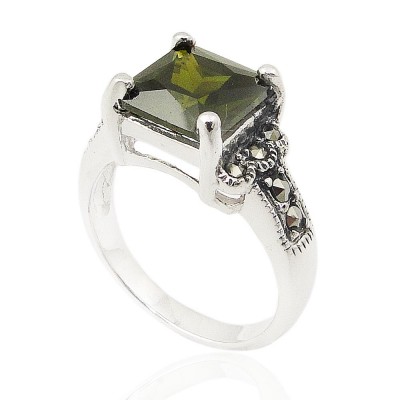 MS Ring Rectangle Olivine Cz With Round Ms Sides