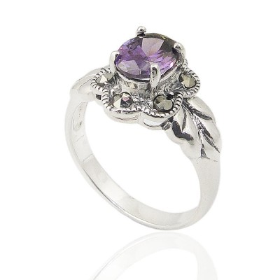 MS Ring Amethyst Cz On Ms Flower With Leaf Side