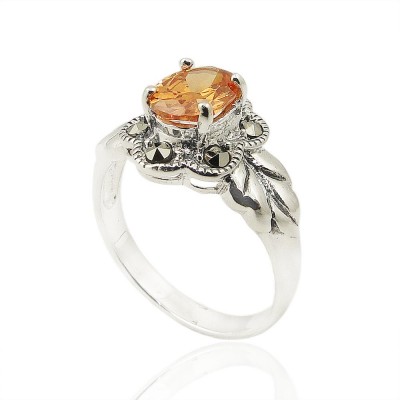MS Ring Champagne Cz On Ms Flower With Leaf Side