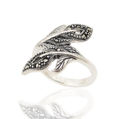 MARCASITE RING BYPASS LEAVES PAVE WITH SWISS MARCASITE