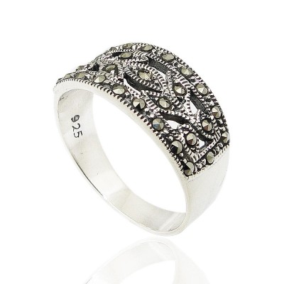 MARCASITE RING OPEN LEAVES FILIGREE BAND MARCASITE PAVE