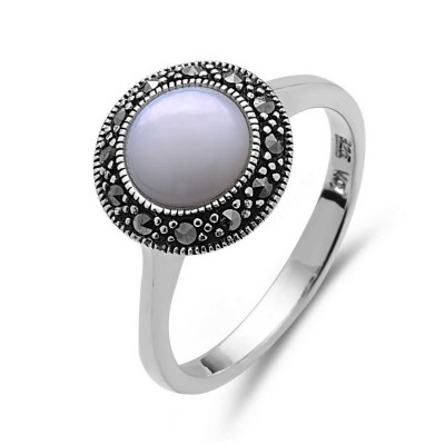 MARCASITE RING 8MM MOTHER OF PEARL PUFFY BEZEL MARCASITE OUTLINE