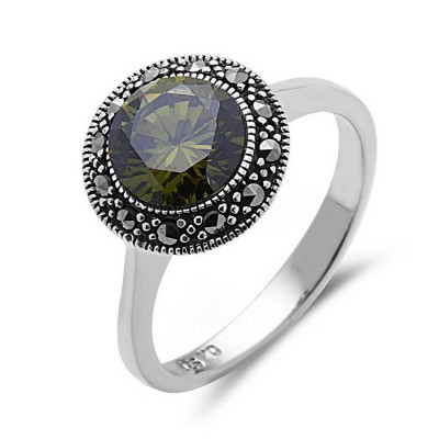 MARCASITE RING 8MM OLIVINE CUBIC ZIRCONIA PUFFY BEZEL MARCASITE LINE