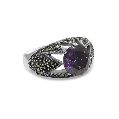 Marcasite Ring 8Mm Amethy Cubic Zirconia With Marcasite Flower Sepal