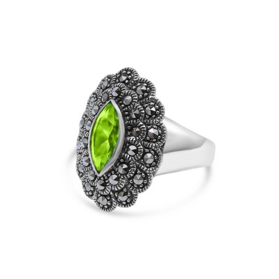 MARCASITE RING MARQUISE PERIDOT CUBIC ZIRCONIA 2 LAYERS OF MS