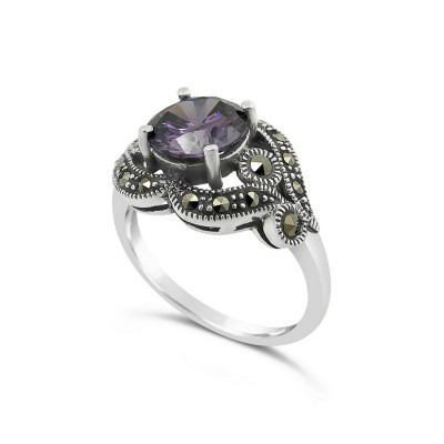 MARCASITE RING ROUND AMETHYST CUBIC ZIRCONIA  WAVY AROUND