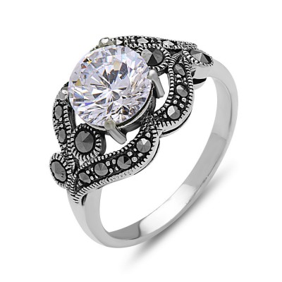 MARCASITE RING ROUND CLEAR CUBIC ZIRCONIA WAVY AROUND