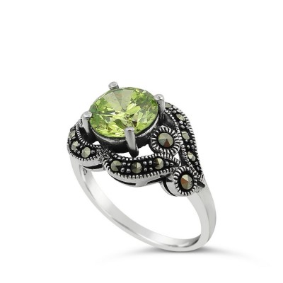 MARCASITE RING ROUND PERIDOT CUBIC ZIRCONIA  WAVY AROUND