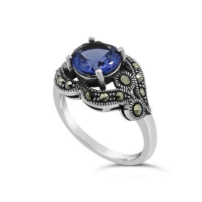 MARCASITE RING ROUND AMETHYST CUBIC ZIRCONIA  WAVY AROUND TZ
