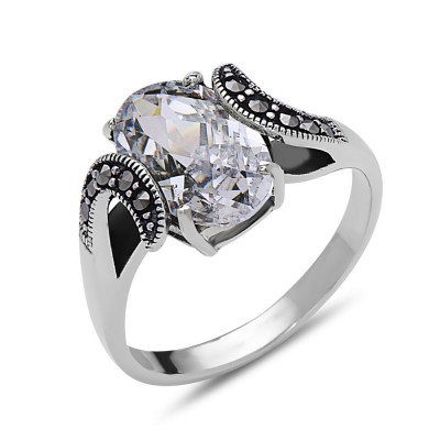 MARCASITE RING OVAL CLEAR CUBIC ZIRCONIA SIDE WAVY MARCASITE
