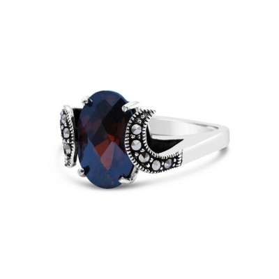 MARCASITE RING OVAL GARNET CUBIC ZIRCONIA SIDE WAVY MARCASITE