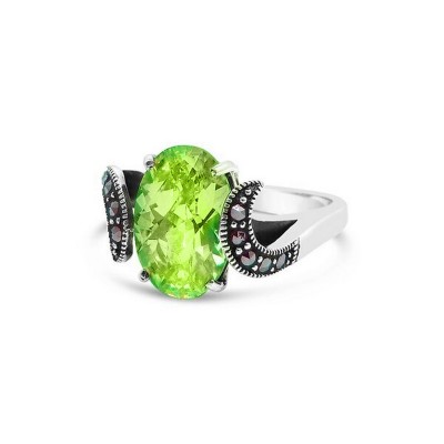 MARCASITE RING OVAL PERIDOT CUBIC ZIRCONIA SIDE WAVY MARCASITE