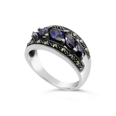 MARCASITE RING BAND MARQUISE AMETHYST CUBIC ZIRCONIA LINE