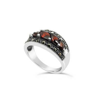 MARCASITE RING BAND MARQUISE GARNET  CUBIC ZIRCONIA LINE
