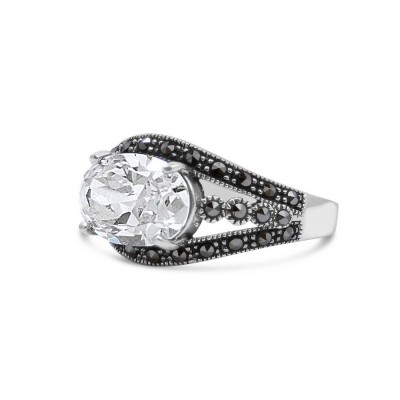 MARCASITE RING OVAL SIDE CLEAR CUBIC ZIRCONIA FORK SIDES