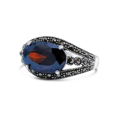 MARCASITE RING OVAL SIDE GARNET CUBIC ZIRCONIA FORK SIDES