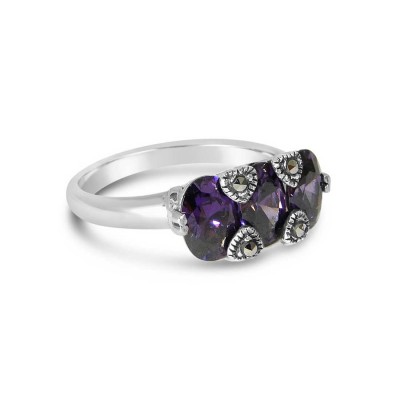 MARCASITE RING TRISTONE AMETHYST CUBIC ZIRCONIA