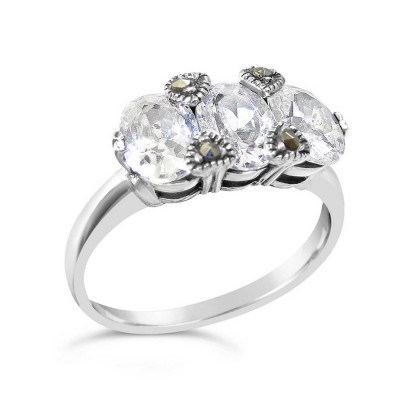 MARCASITE RING TRISTONE CLEAR CUBIC ZIRCONIA