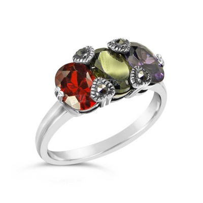 MARCASITE RING TRI STONE, AMETHYST, GARNET, OLIVINE CUBIC ZIRCONIA