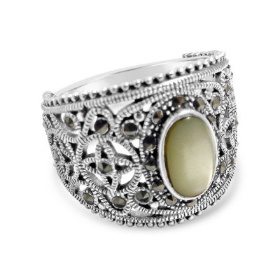 MARCASITE RING FILIGREE BAND MOTHER OF PEARL OVAL CENTER