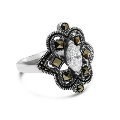 Marcasite Ring Marquise Clear Cubic Zirconia Square Cut