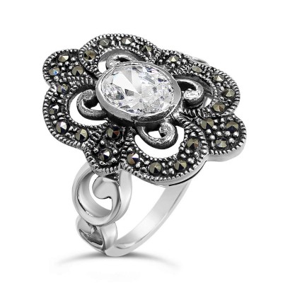Marcasite Ring Victoria Clear Oval Cubic Zirconia Circle Shank Side