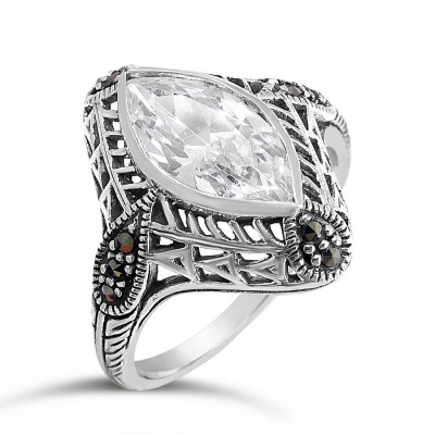 Marcasite Ring Diamond Shape Filigree Around Square Clear